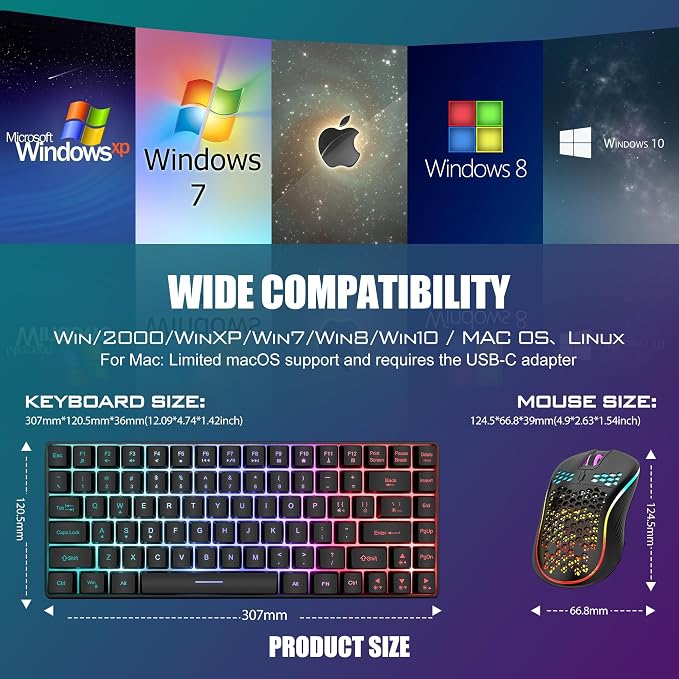 RedThunder K84 Wireless Keyboard and Mouse Combo, Rainbow Backlit Rechargeable Battery, 75% Layout TKL Ultra Compact Gaming Keyboard & Lightweight 3200 DPI Honeycomb Optical Mouse (Black)
