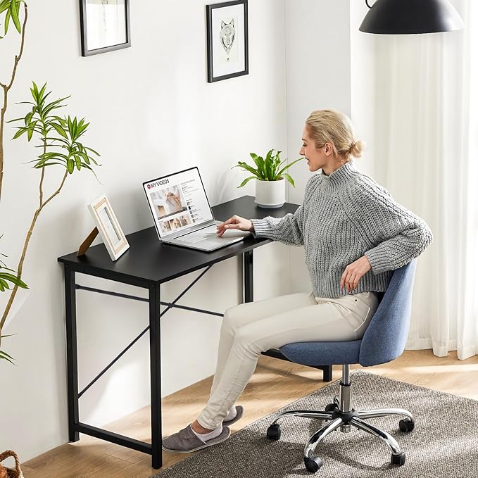 Sweetcrispy Small Computer Desk, 47" Office Writing Desk with Metal Frame & Wooden Top, X-Shaped Reinforcement, Student Study Workstation for Home Bedroom, Black