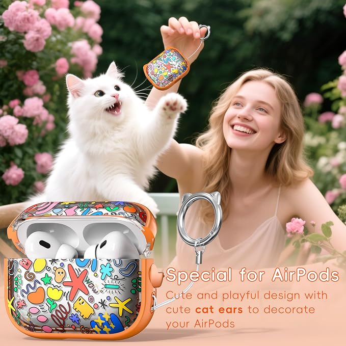 for AirPods Pro 2 Case with Cleaning Kit, Cute Cat Ear Print Design & Cute Buckle for Girls, Phone Holder & Top Safe Lock Buckle Design for AirPods Pro 2nd/1st Gen case, Orange Seaworld