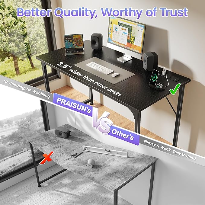 PRAISUN 40 X 20 Inch Computer Desk, Power Outlets, USB-C, Black | Office Desk with 4 AC Outlets, USB & USB-C, Sturdy Metal Frame, Spacious Desktop for Work, Writing, Study & Gaming