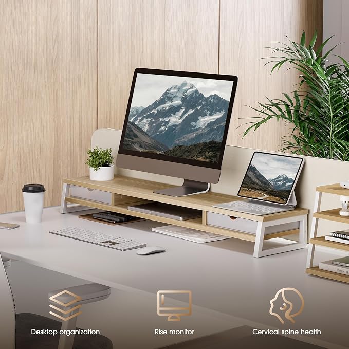 Fenge Dual Monitor Stand, Monitor Riser with Drawer, 42.5 Inch Large Computer Monitor Stand for 2 Monitors, 2 Tier Wooden Desk Shelf for Top of Desk