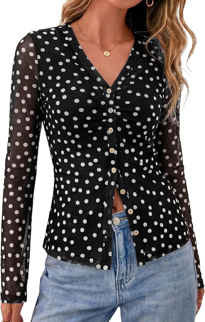 BTFBM Button Down Shirts for Women 2026 Fall Boho Tops V Neck Long Sleeve Blouses Ruched Mesh Fitted Fashion Clothing