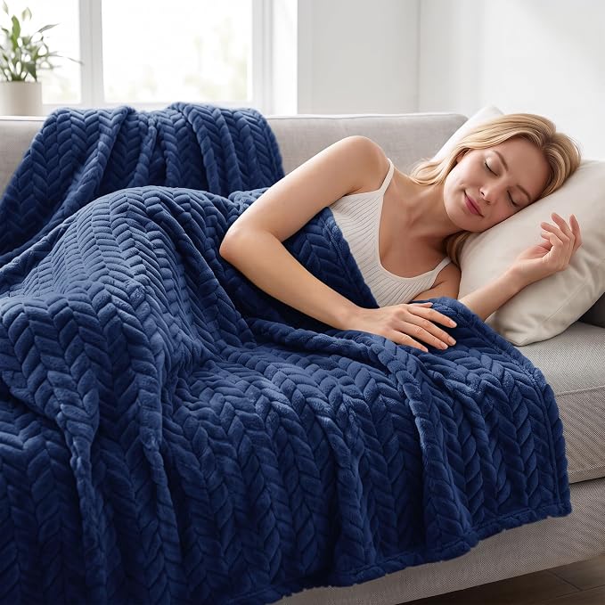 Exclusivo Mezcla Soft Fleece Bed Blanket Twin Size, 60”x80”, Navy Blue | Cozy Fluffy Lightweight Blankets for Summer, Decorative Plush Flannel Throws for Living room, Bedroom with Leaves Pattern