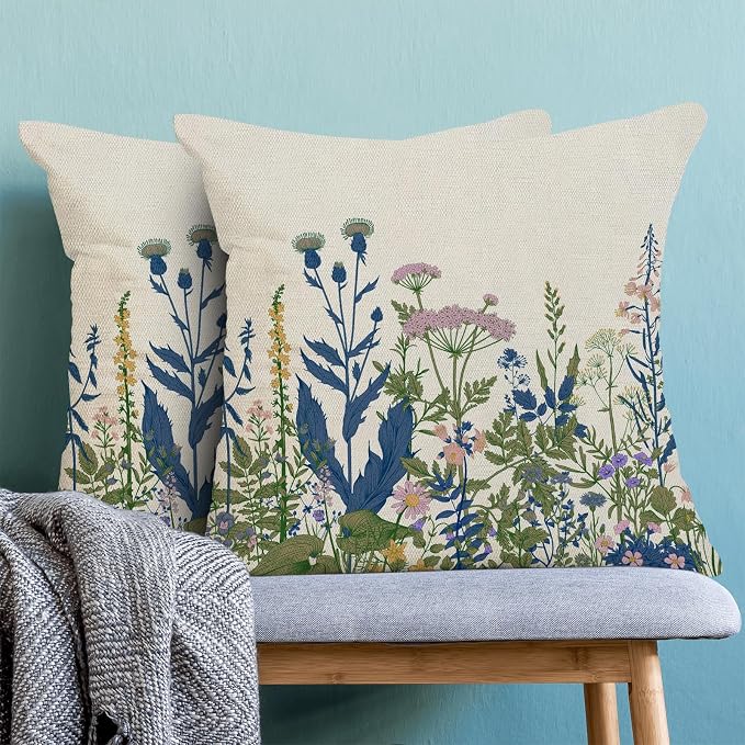 AEIOAE Navy Blue Teal Pillow Covers 20x20 Inch Set of 2, Spring Wildflower Plant Throw Pillows Case,Seasonal Floral Outdoor Decorative Flowers Farmhouse Decor Cushion Covers for Home Sofa Bed Couch