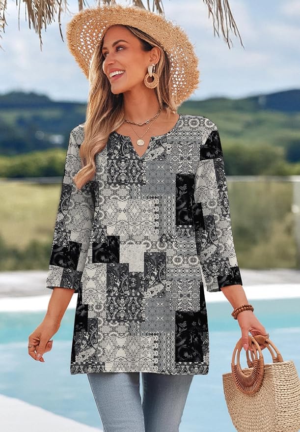 OFEEFAN Summer Boho Tops For Women 3/4 Length Sleeve Womens Tops Vacation Outfits