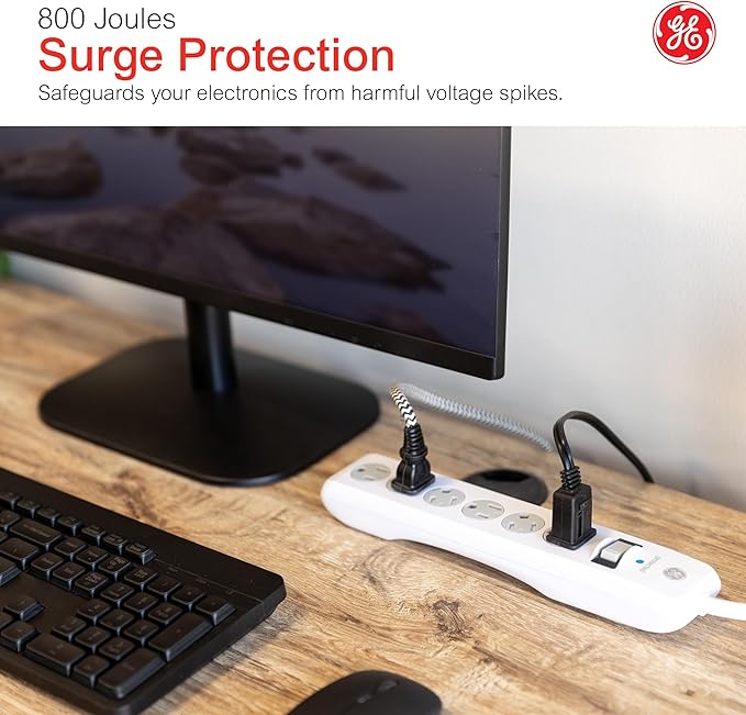 GE Surge Protector Power Strip, 8 Ft Extension Cord, 6 Outlet Extender, 800 Joules, Flat Plug, Twist-to-Close Safety Covers, ETL Listed, White, 67044