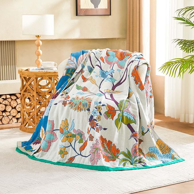 XIBLC Summer Throw Blanket, 50"x60" Reversible Bohemian Flower Blanket, 100% Cotton Muslin Breathable Woven, Farmhouse Decorative Throw Blanket
