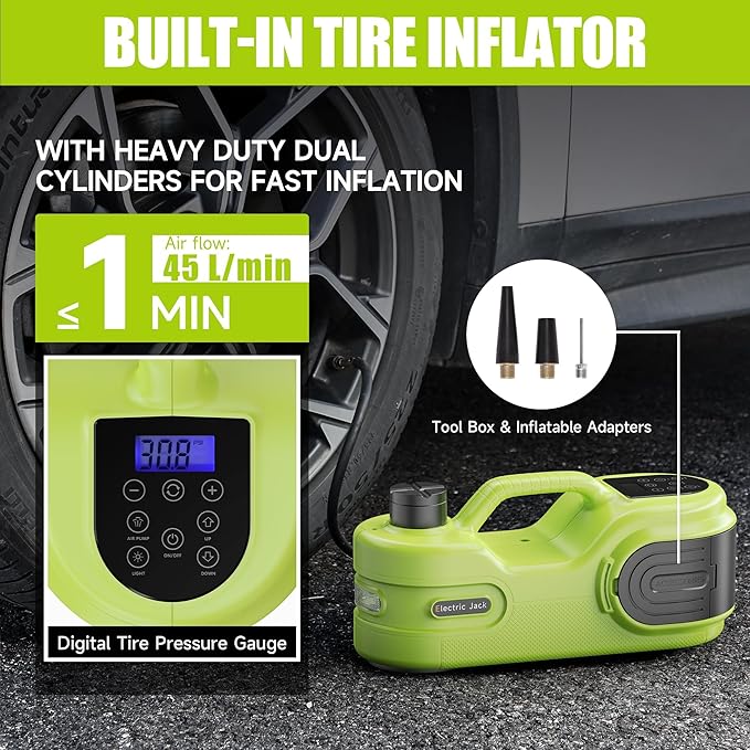 Electric Car Jack Kit 5T 12V Hydraulic Tire Jack with Double Cylinder Air Pump & LCD Touch Screen & Impact Wrench Portable Car Lift for Tire Changes and Roadside Emergencies