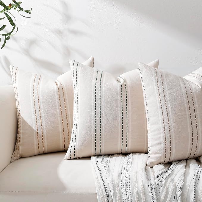 Hckot Spring Striped Throw Pillow Covers 20x20 Set of 2 Green Pillow Covers | Farmhouse Decorative Pillows Textured Linen Square Cushion Covers for Sofa Couch Bed Living Room Decor(Dark Green)
