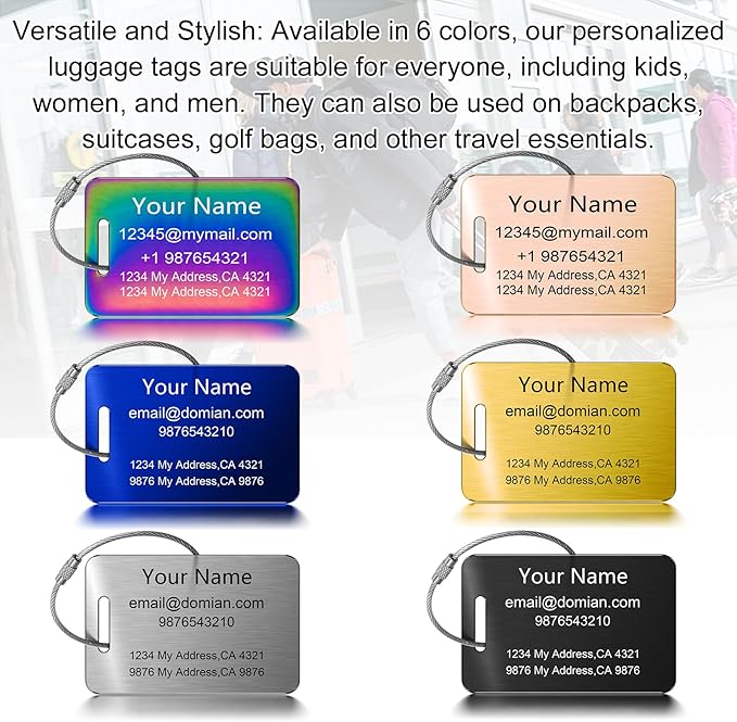 Stainless Steel Personalized Luggage Tags for Suitcases - Custom Name ID Travel Tags for Luggage, Backpacks and Bags - Metal Travel Essentials Accessories for Kids, Women and Men - Bulk Set (4 Pack)