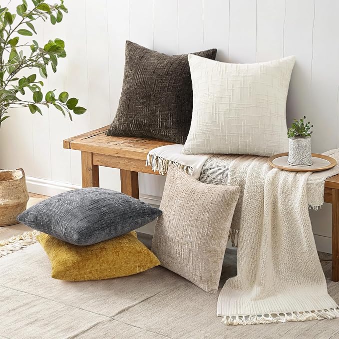 decorUhome Textured Chenille Throw Pillow Covers 24x24 Set of 2 Yellow | Fall Modern Farmhouse Soft Cozy Slubby Couch Pillow Cases Boho Decorative Pillow Cases for Bed Sofa Living Room Home Decor