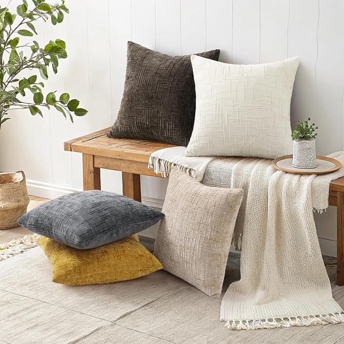 decorUhome Textured Chenille Throw Pillow Covers 22x22 Set of 2 Yellow | Fall Modern Farmhouse Soft Cozy Slubby Couch Pillow Cases Boho Decorative Pillow Cases for Bed Sofa Living Room Home Decor