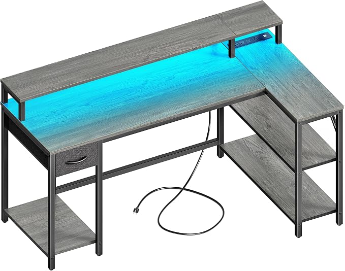 SUPERJARE 53 inch Reversible L Shaped Desk with LED Lights & Power Outlets, Computer Desk with Shelves & Monitor Stand, Gaming Desk with Drawer, Home Office Desk Corner Desk, Grey
