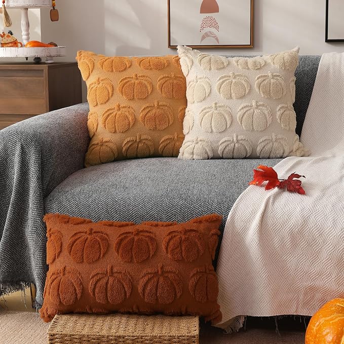 DFXSZ Fall Pillow Covers 18x18 2Pcs Light Orange Pumpkin Fall Decorations | Fall decor Set of 2 Throw Pillow Cases Soft Plush Faux Fur Wool Couch Cushion for Chair Sofa Bedroom Living Room Home Decor