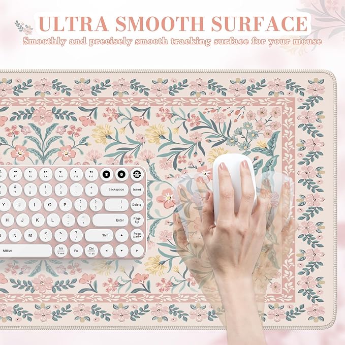 iCasso Desk Mat,Mouse Pad for Office Desk,35.4x15.7in,Pink Floral | Desk Pad for Women Home Office Decor Supplies, Desk Accessories, Non-Slip Mousepad with Stitched Edge, Smooth Water-Resistant