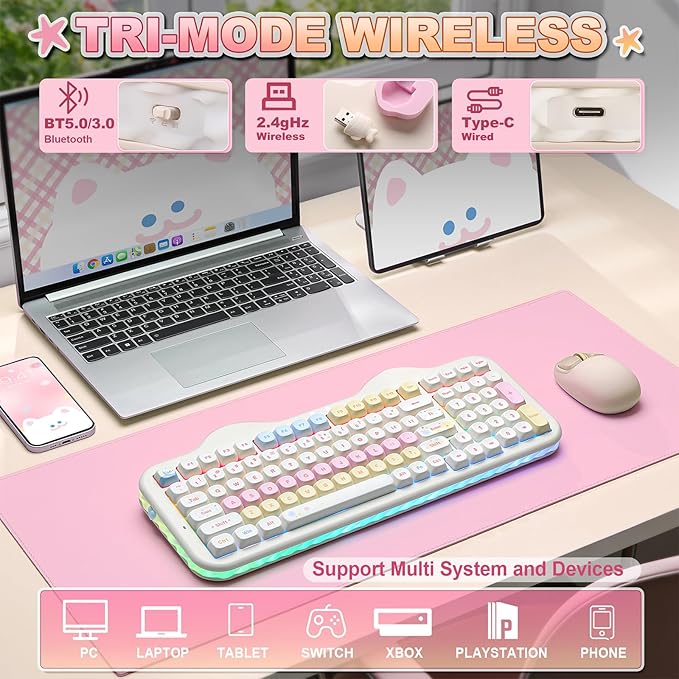YUNZII C98 Cute Cake Wireless Mechanical Keyboard(Beige, Milk Switch) | 99 Keys with Number Pad, Hot Swap, PBT MOA Keycaps, BT5.0/2.4G/USB-C, Gasket Mount, Custom RGB Backlit for Win/Mac