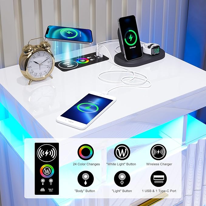 Nightstand with Wireless Charging Station, Bedroom Bedside Table with RGB Lights, Smart Night Stand with 2 Drawers, Bedside Tables Modern Bedside Table for Bedroom, Living Room(White)