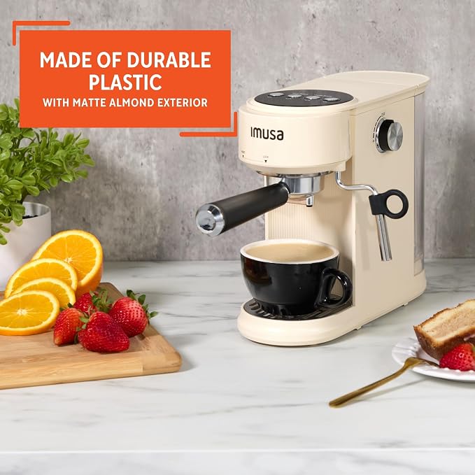 IMUSA 1 or 2 Cup Electric Slimbrew Espresso Cappuccino Coffee Maker, Almond | Milk Frother for Cappuccino, Thermoblock Fast Heating System, Compact Design, Makes Latte, Macchiato, Mocha, Hot or Iced