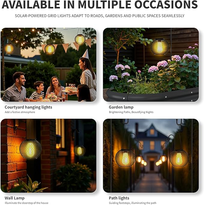 HOTEAGLE Solar Hanging Lights, Waterproof Outdoor Decorative Globe Lanterns with Vintage Edison Bulb, Retro Metal Mesh Pendant Light for Garden, Patio, Yard, Tree Decor (Black-2-Pack)