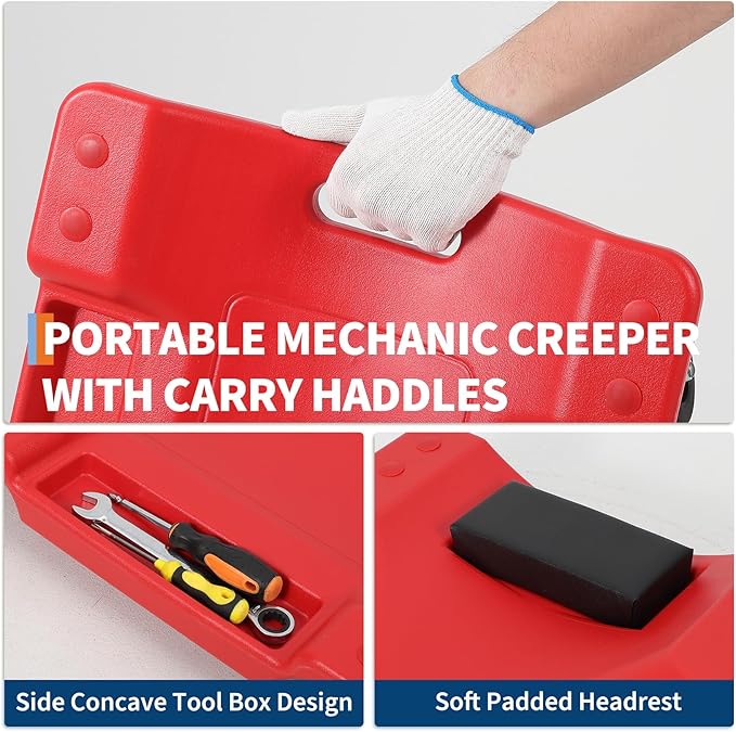 Garvee 40" Plastic Rolling Automotive Garage/Shop Creeper,350 Lbs Blow Molded Ergonomic HDPE Body Low Profile Mechanic Creeper with Padded Headrest, Dual Tool Trays and 6 Casters