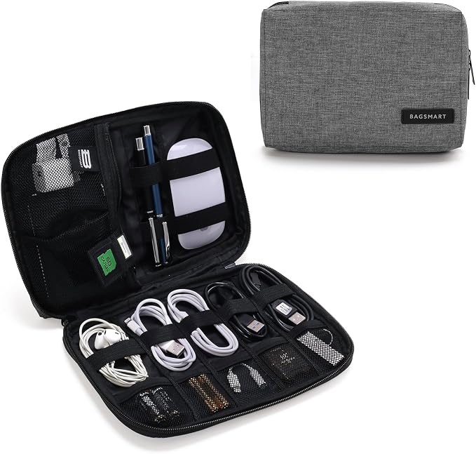 BAGSMART Electronics Organizer Travel Case, Small Cord Bag for Travel Essentials, Tech bag for Men Women, Cable Organizer for Phone, SD Card, Grey