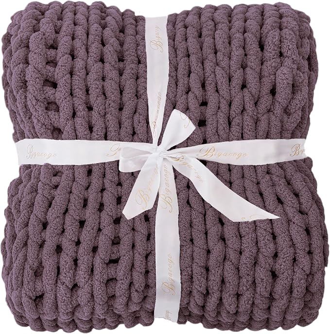 Bigacogo Chunky Knit Throw Blanket for Couch, 40x40 inches, Winter Grape | Hand Knit with Jumbo Chenille, Soft Breathable Cable Knit for Sofa Bed Living Room, Machine Washable, Gift for Mom Friend