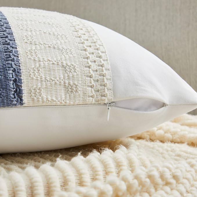 2pk Boho Pillow Covers 22x22, Natural White/Contrast/Blue | 100% Organic Cotton Body, Stripe Embroidery, Farmhouse Decorative Cushion Covers for Sofa Bed Living Room Home Decor