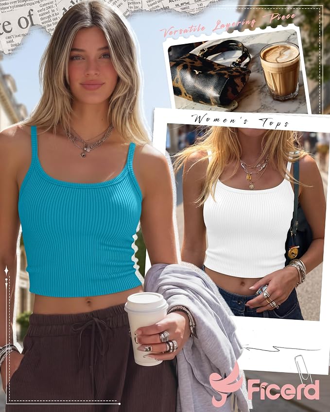 Ficerd 3 Pack Women's Tank Tops 95% Cotton Spaghetti Strap Ribbed Crop Camisole Slim Fitted Basic Summer Sleeveless Layer