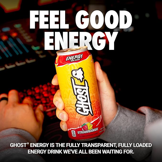 GHOST Energy Drink - 12-Pack, Strawbango, 16oz - Energy & Focus & No Artificial Colors - 200mg of Natural Caffeine, L-Carnitine & Taurine - Gluten-Free & Vegan