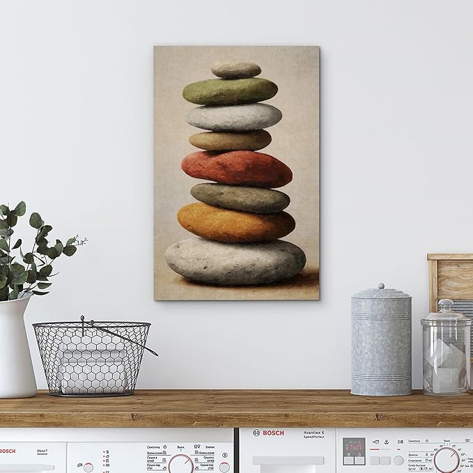 wall26 Canvas Print Wall Art Stacked Zen Stones in Rain Tranquil Nature Photography Realism Rustic Colorful Multicolor for Living Room, Bedroom, Bathroom - 12"x18"