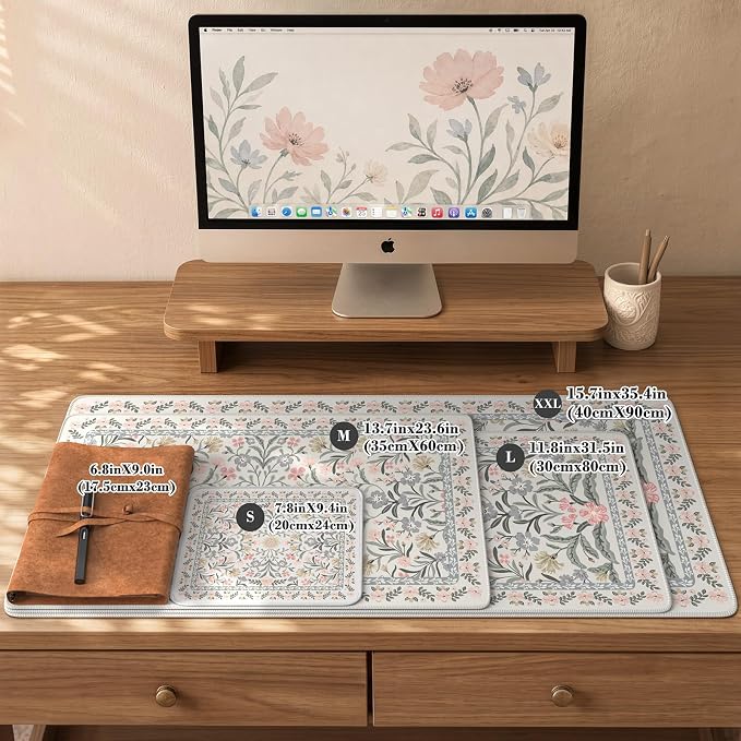 iCasso Aesthetic Mouse pad,23.6x13.7 Desk Pad Mat, Gray Floral | Desk Matt for Desktop, Anti-Slip Mousepad with Stitched Edges for Laptop Computer Keyboard
