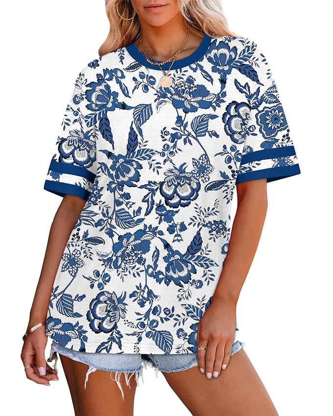 WIHOLL Womens T Shirts Loose Fit Short Sleeve Tees Crew Neck Color Block Summer Tops 2026 Fashion