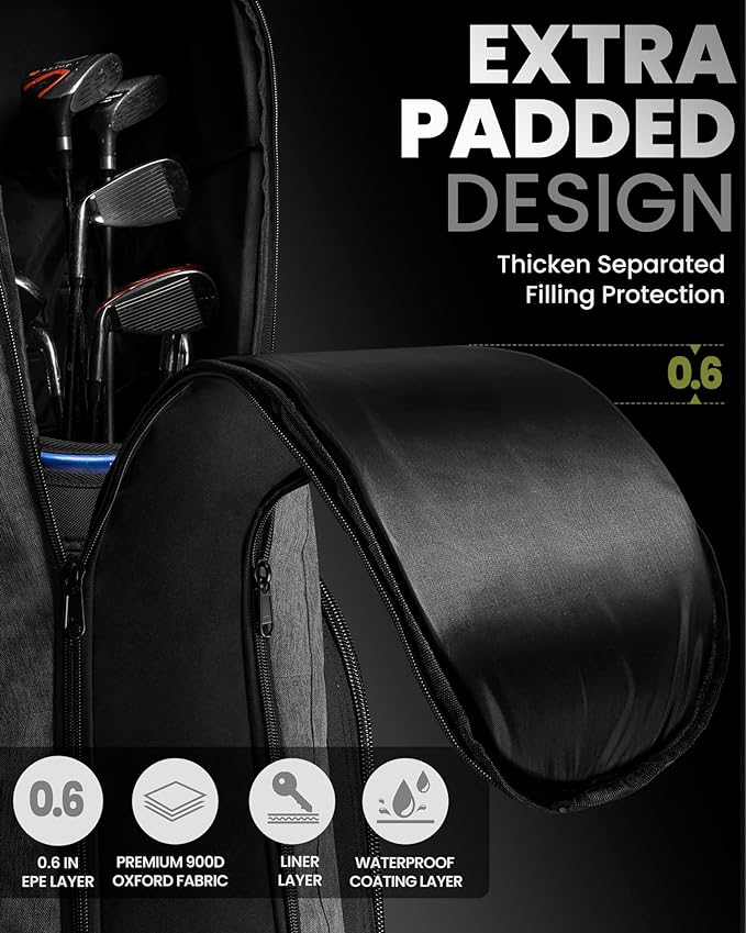 OutdoorMaster Padded Golf Travel Bag with Reinforced Wheels, 900D Heavy Duty Oxford Wear-Resistant and Waterproof Golf Travel Case, Soft-Sided Golf Club Bag, Shoes and Accessories Compartment