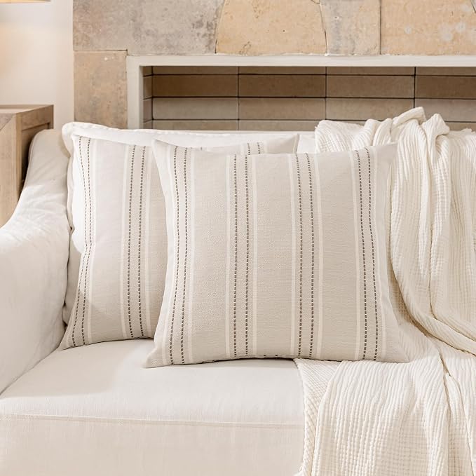 Hckot Striped Throw Pillow Covers 18x18 Set of 2 Taupe Pillow Covers | Farmhouse Decorative Pillows Textured Linen Square Cushion Covers for Sofa Couch Bed Living Room Decor(Taupe)