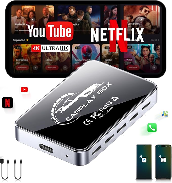 AI Box CarPlay, 3-in-1 Wireless CarPlay Adapter & Android Auto for OEM Wired Cars, Built-in Netflix/YouTube for Streaming, 5.8GHz WiFi, Convert Wired to Wireless, Plug & Play ���4GB RAM+32GB ROM���