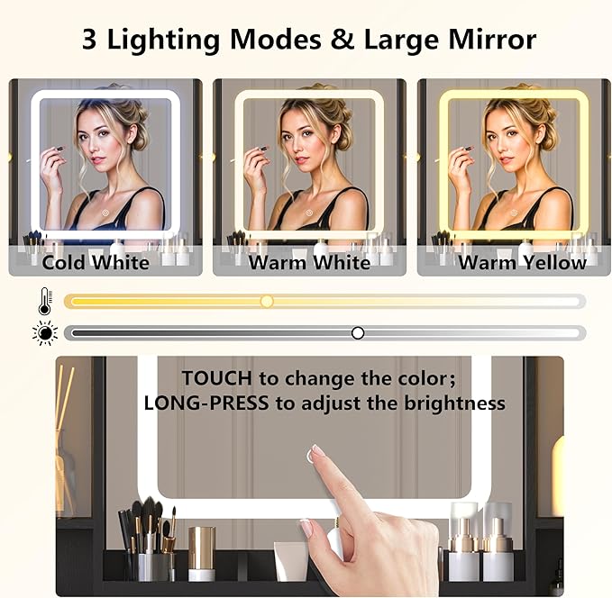 Black Makeup Vanity Desk with Mirror & Lights, Modern Vanity Table with Charging Station, 7 Drawers, Glass Cabinet, Adjustable Shelves, Bedroom Dressing Table Set for Women & Girls