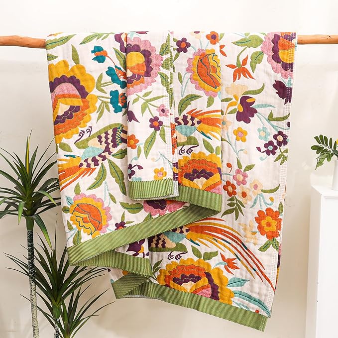 Boho Throw Blanket for Bed Couch Sofa,100% Cotton Ultra Soft Large Throw Blanket,Floral Bird Decor Bed Blankets 60"×80",Decorative Reversible Muslin Bed Cover for All Seasons