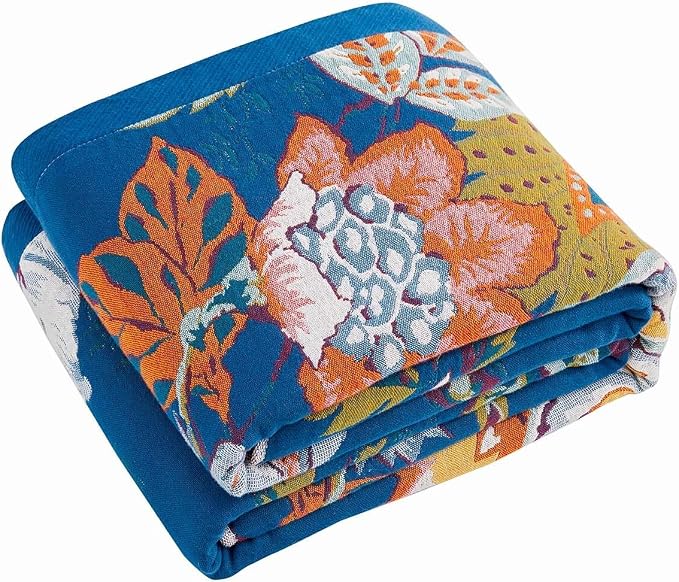 XIBLC Boho Throw Blanket, Blue Lightweight Blankets for Summer, 100% Cotton Bohemian Decorative Throw Blanket, 60"x80" Reversible Muslin Breathable Woven Farmhouse Blankets Quilt,