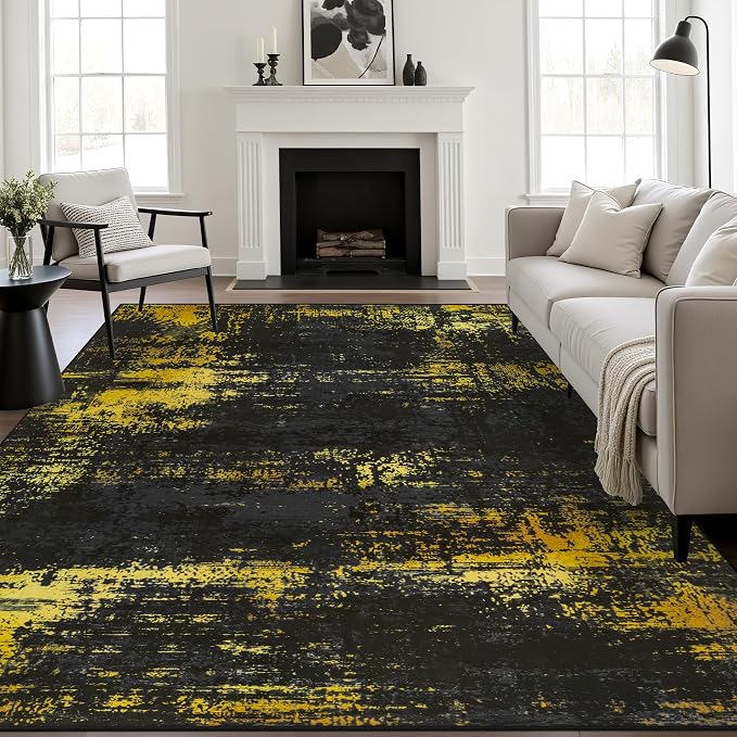 9x12 Area Rug Living Room Rug: Washable Modern Abstract Soft Thin Rug Indoor Floor No Slip Carpet for Bedroom Dining Room Farmhouse Nursery Home Office - Dark Black Gold
