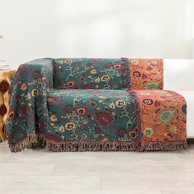 Boho Fall Throw Blanket for Bed,100% Ultra Cotton Soft Breathable Bed Throw Floral Printed Farmhouse Decor Rustic Bed Throws for Couch Sofa Quilt 90" x 98"