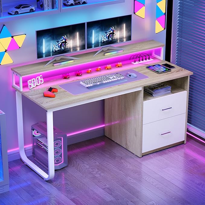 DWVO Computer Desk with Drawers, 47.2" Office Desk with Power Outlets & LED Light, Home Office Desk with Storage Shelves, White & Oak | Built-In Power Outlets, Led Light, Storage Shelves, Drawers, Compact Size, for Home Office Small Space, Easy Assembly