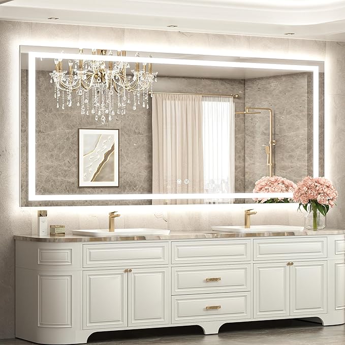 TETOTE 72 x 36 LED Bathroom Mirror with Lights, Brighter Front and Backlit Led Lighted Vanity Mirror Wall Mounted, 3-Color Dimmable Light up Anti Fog Mirror, Waterproof, Shatterproof Tempered Glass
