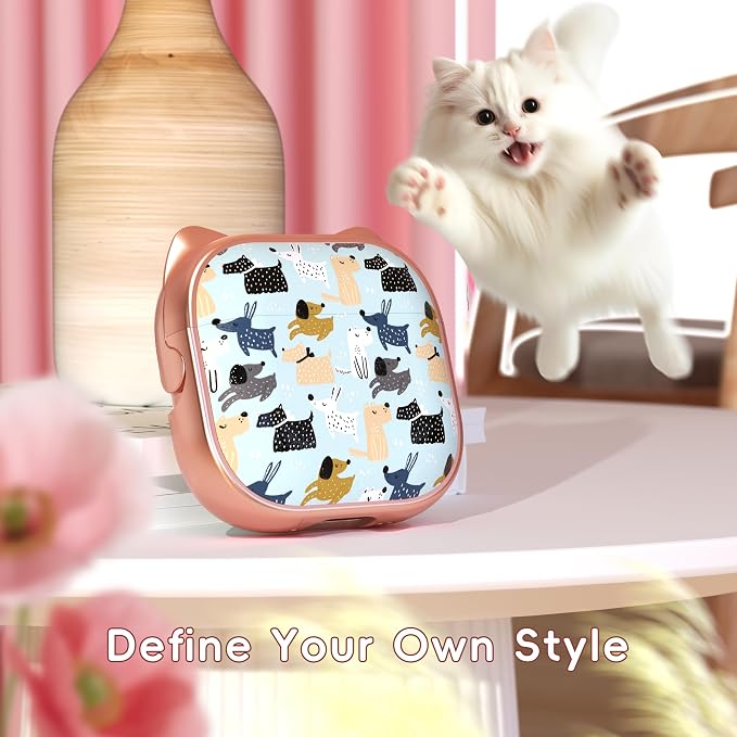 for AirPods 4 Case with Cleaning Kit, Cute Cat Ear Print Design & Cute Buckle, Inverted Phone Holder Design, Top Safe Lock Buckle Design, for Girls AirPods 4 case 2024, Rose Gold Animal