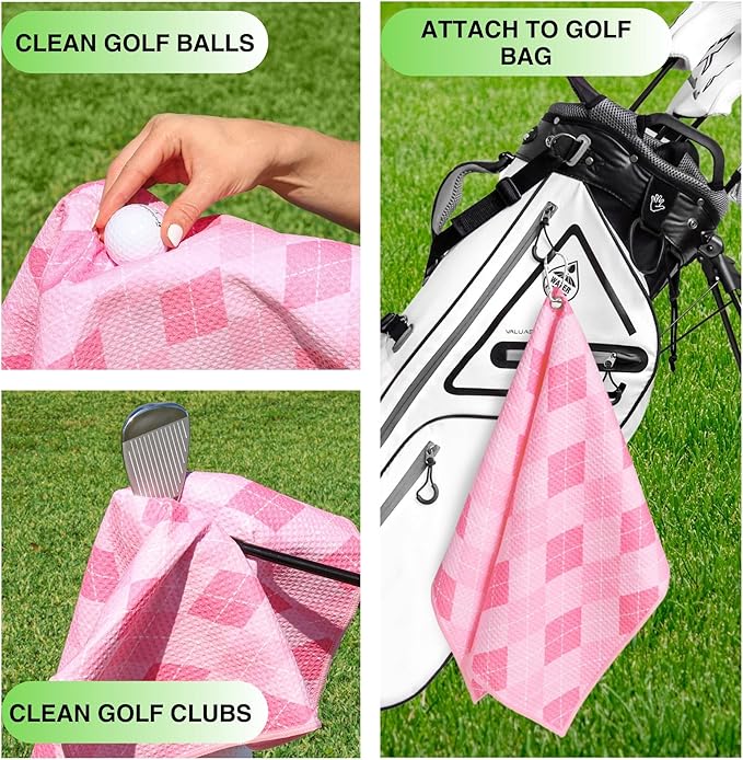 Microfiber Golf Towels for Golf Bags & Carts - Premium Weave Waffle & Ball Towels with Carabiner Clip, Essential Accessories for Men, Women, and Kids Golfer Gifts, Set of 2 (Argyle)