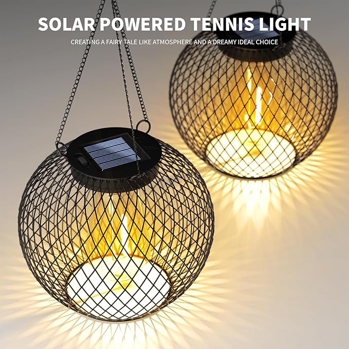 HOTEAGLE Solar Hanging Lights, Waterproof Outdoor Decorative Globe Lanterns with Vintage Edison Bulb, Retro Metal Mesh Pendant Light for Garden, Patio, Yard, Tree Decor (Black-2-Pack)