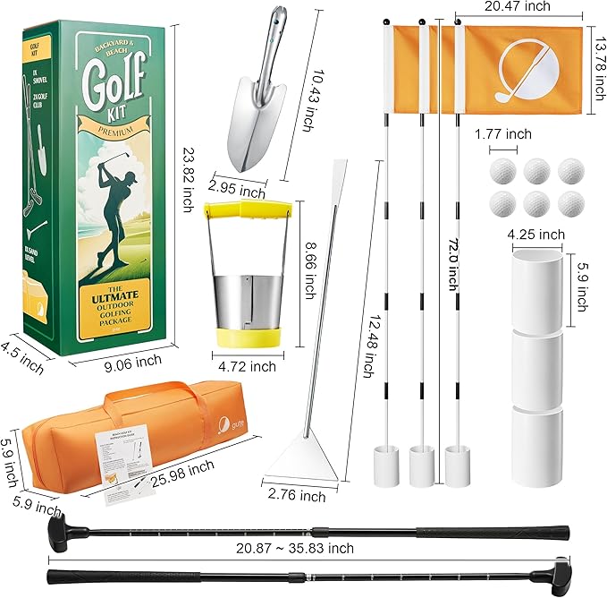 Golf & Mini Golf Complete Setup, 3X Pin Flags & Putting Green Hole Cups, 2X Adjustable Putters, Digger, Hole Cutter & More, for Grass Backyard, Beach, Driving Range Gift Set