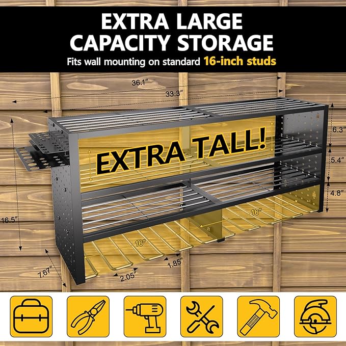 Large Power Tool Organizer Wall Mount, 4 Layer Garage Storage Cordless Tool Organizer with 8 Drills Holder, Heavy Duty Premium Metal Load 400 lbs, Ideal Garage Organization Gifts for Men