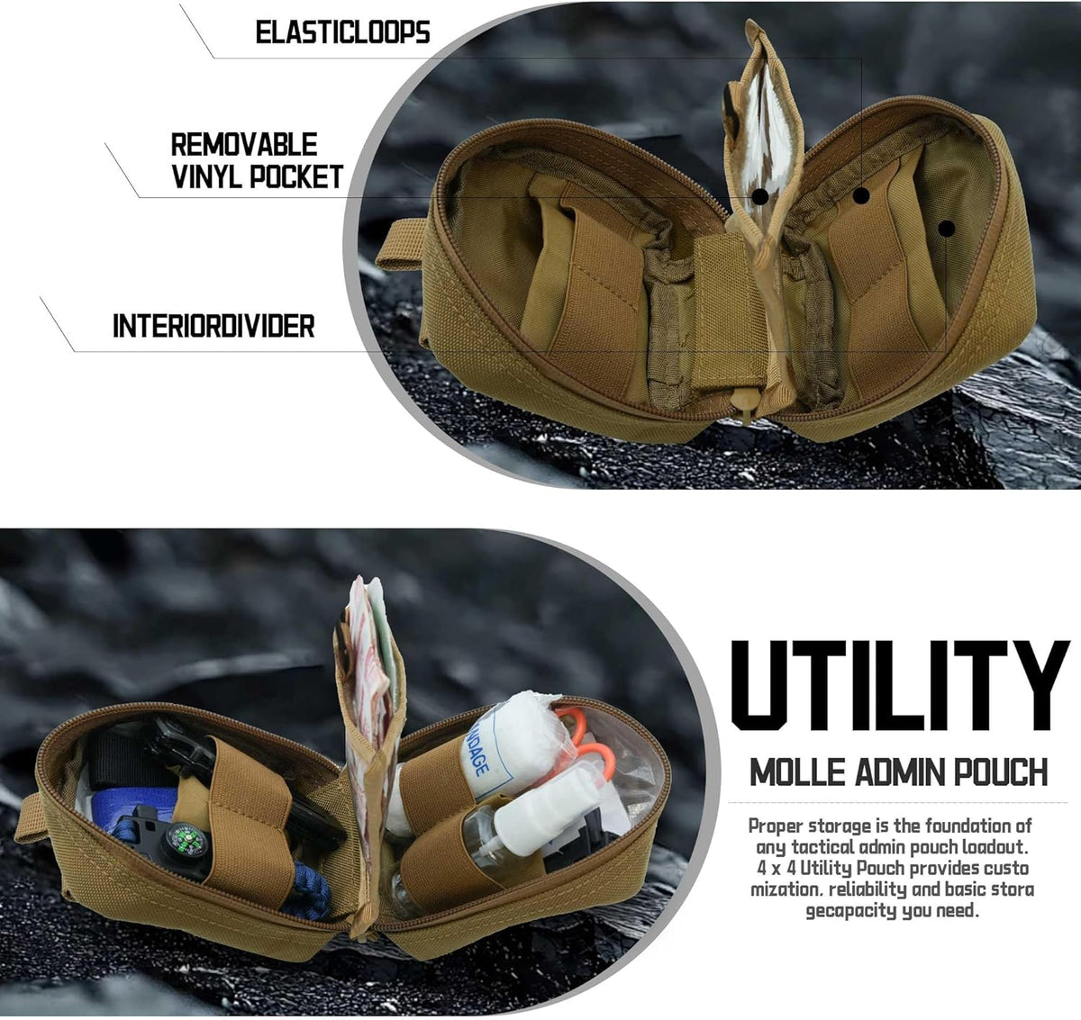 Upgrade Tactical Molle Admin Pouch - Laser Cut Design with Interior Divider | 4x4 Inches, Versatile Tool Bag