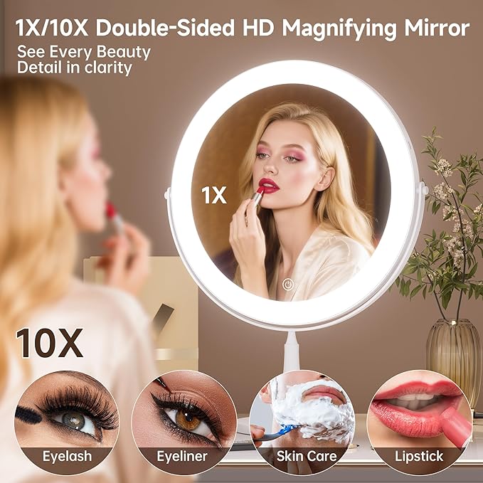 Professional 8" Large Lighted Makeup Mirror with Brighter Lights, 1X/10X True HD Magnifying Mirror with 3 Color Dimmable Lights, 92 Shadowless LEDs, 360°Swivel Seamless Vanity Mirror, White
