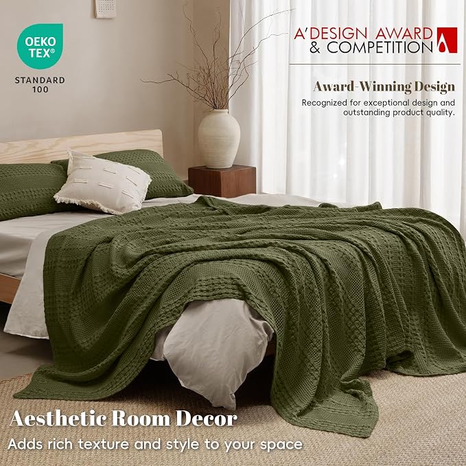 PHF 100% Cotton Waffle Blanket Twin Size, Lightweight Breathable Summer Blanket for Hot Sleepers, Pre-Washed Soft Layer for Bed, Dorm, Couch & Guest Room, Home Decor Gift, 66"x90", Capulet Olive